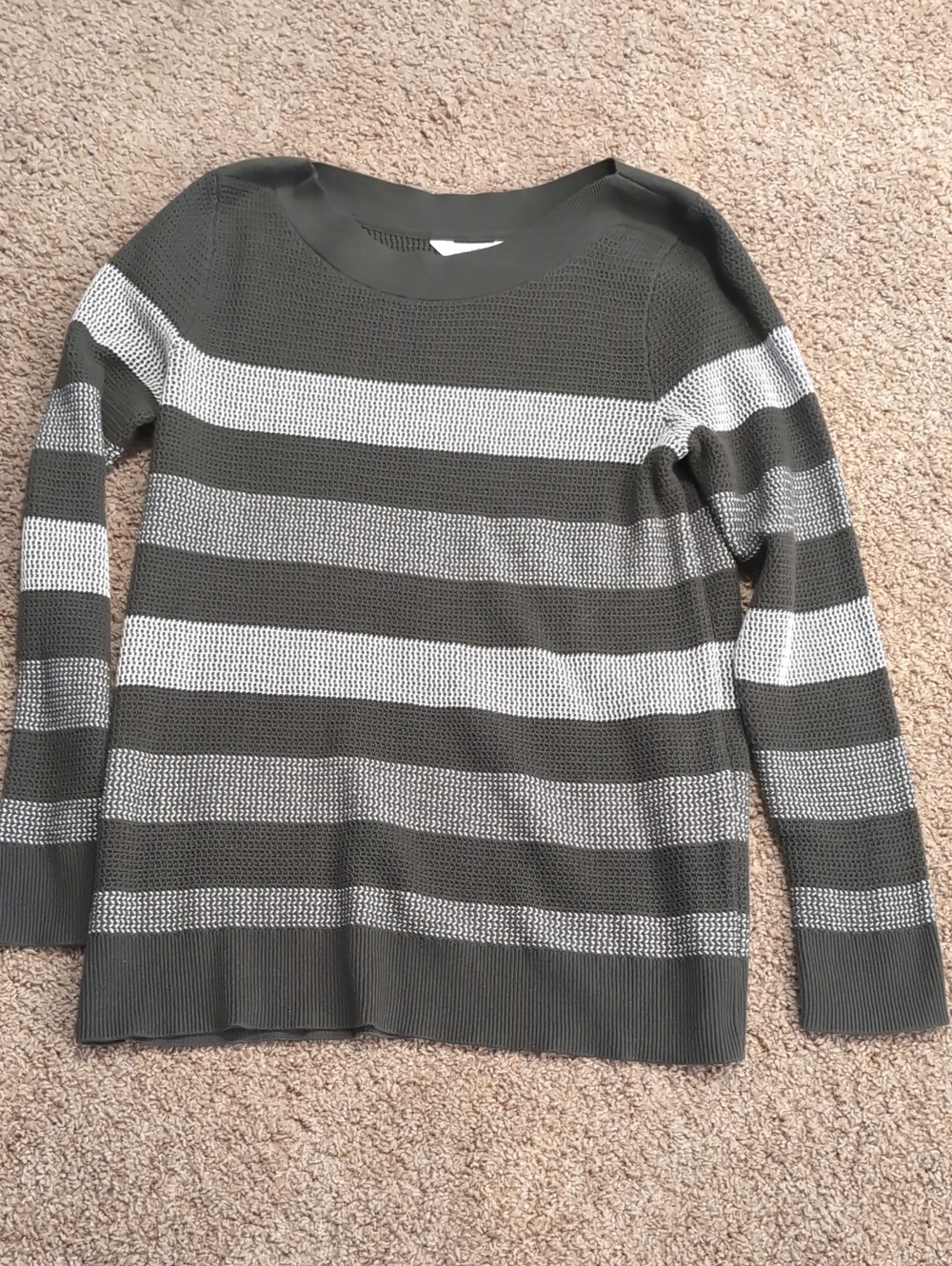 Market & Spruce Olive and White Striped Crew Neck Sweater